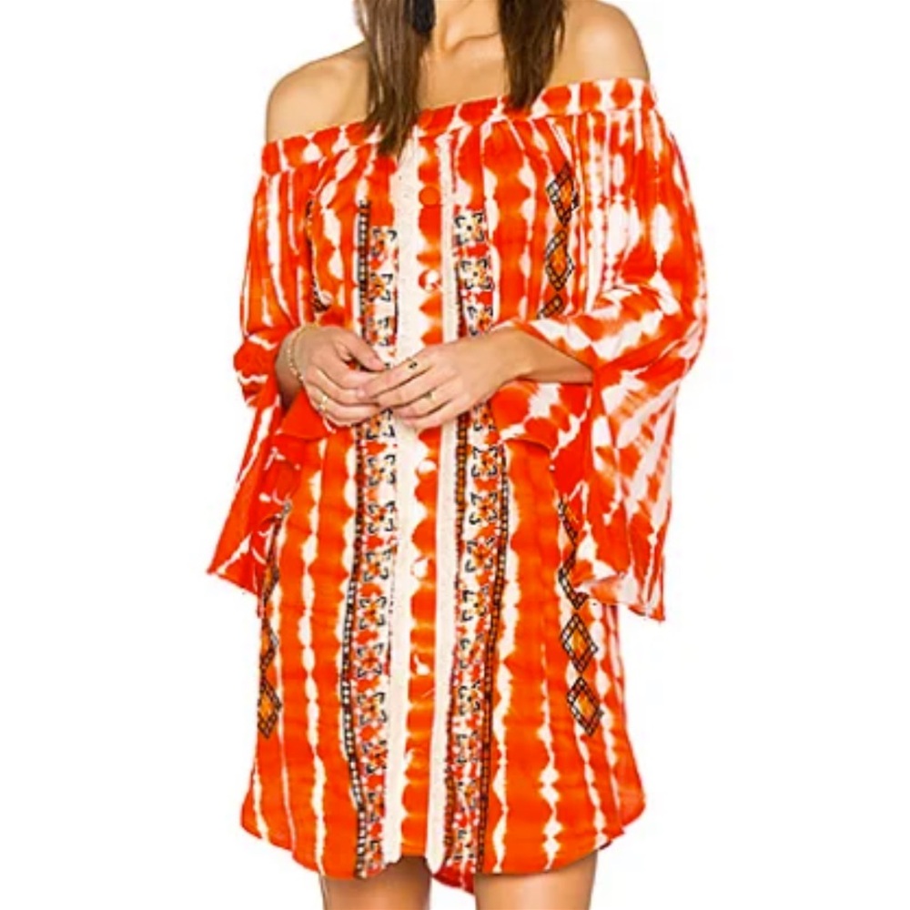 Hemant & Nandita Off Shoulder Tie Dye Embroidered Tunic Dress XS Boho Festival
